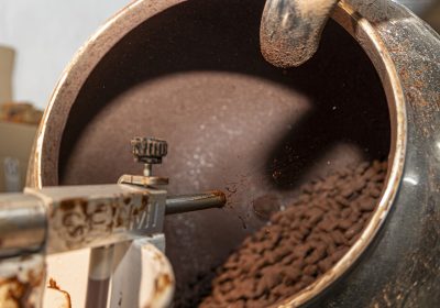 Chocolate panning machine processing cocoa beans